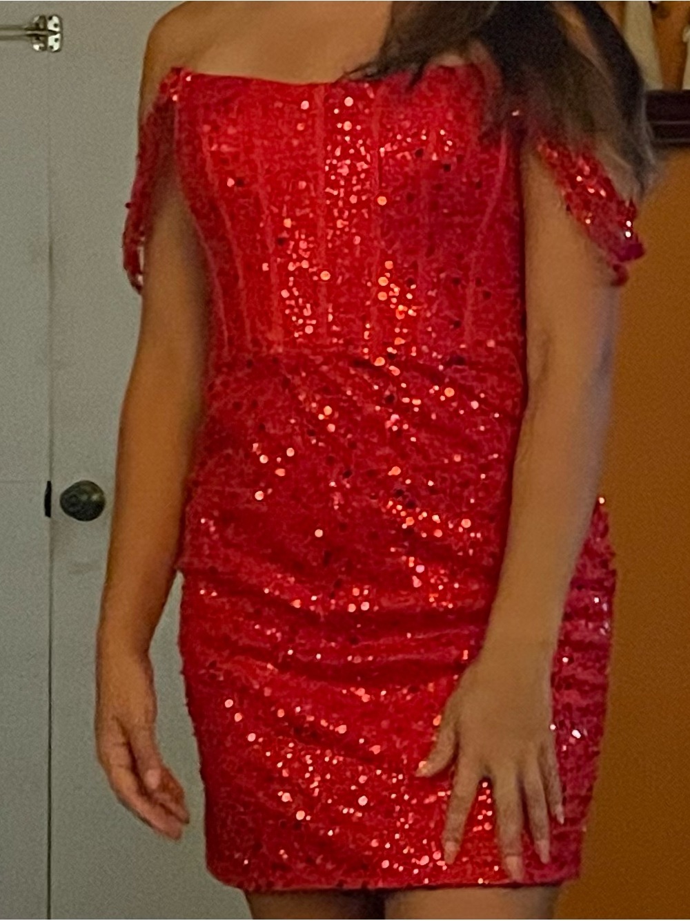 Red Strapless Sequin Party Dress - Elegant Off-Shoulder Style